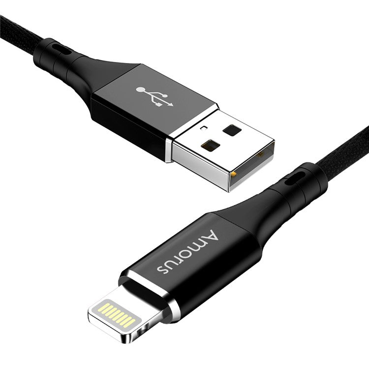 AMORUS 2.4A Aluminium Alloy Cotton Cloth Braided Lightning 8Pin Charging Data Cable for iPhone iPad iPod - Black