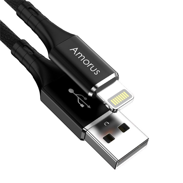 AMORUS 2.4A Aluminium Alloy Cotton Cloth Braided Lightning 8Pin Charging Data Cable for iPhone iPad iPod - Black