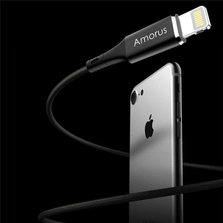 AMORUS 2.4A Aluminium Alloy Cotton Cloth Braided Lightning 8Pin Charging Data Cable for iPhone iPad iPod - Black
