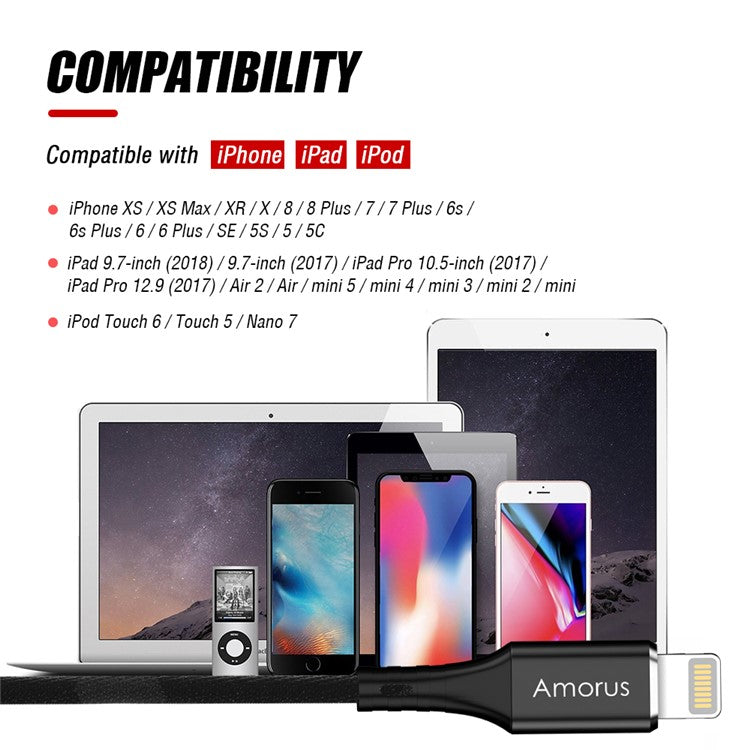 AMORUS 2.4A Aluminium Alloy Cotton Cloth Braided Lightning 8Pin Charging Data Cable for iPhone iPad iPod - Black