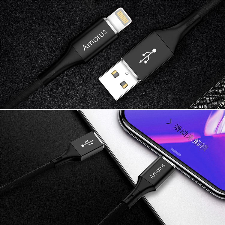 AMORUS 2.4A Aluminium Alloy Cotton Cloth Braided Lightning 8Pin Charging Data Cable for iPhone iPad iPod - Black