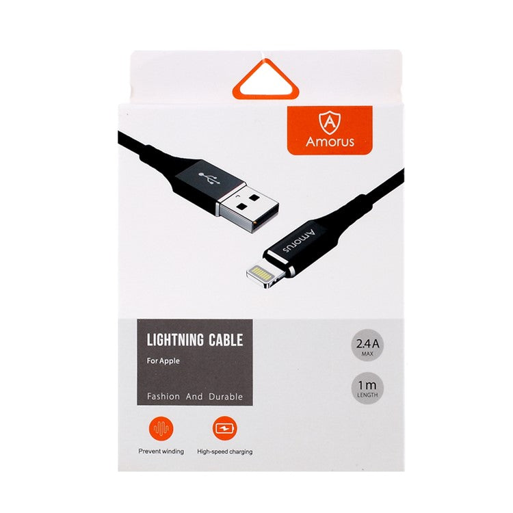 AMORUS 2.4A Aluminium Alloy Cotton Cloth Braided Lightning 8Pin Charging Data Cable for iPhone iPad iPod - Black