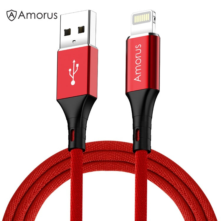 AMORUS 2.4A Aluminium Alloy Cotton Cloth Braided Lightning 8Pin Charge Sync Data Cable Cord for iPhone iPad iPod - Red