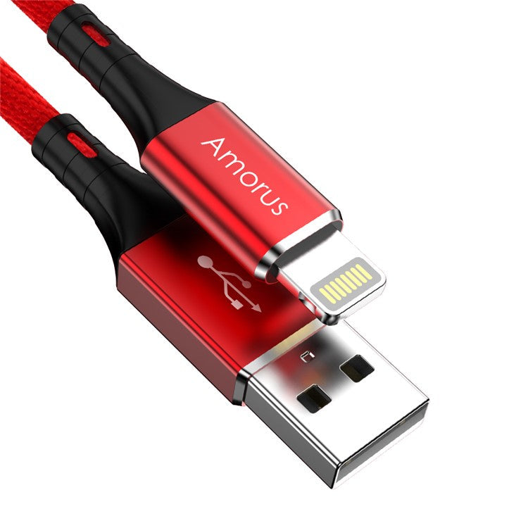 AMORUS 2.4A Aluminium Alloy Cotton Cloth Braided Lightning 8Pin Charge Sync Data Cable Cord for iPhone iPad iPod - Red