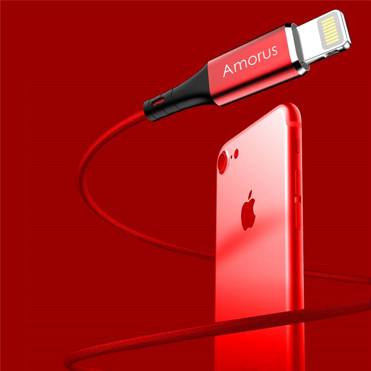AMORUS 2.4A Aluminium Alloy Cotton Cloth Braided Lightning 8Pin Charge Sync Data Cable Cord for iPhone iPad iPod - Red