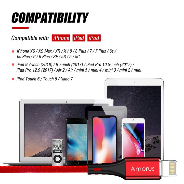 AMORUS 2.4A Aluminium Alloy Cotton Cloth Braided Lightning 8Pin Charge Sync Data Cable Cord for iPhone iPad iPod - Red
