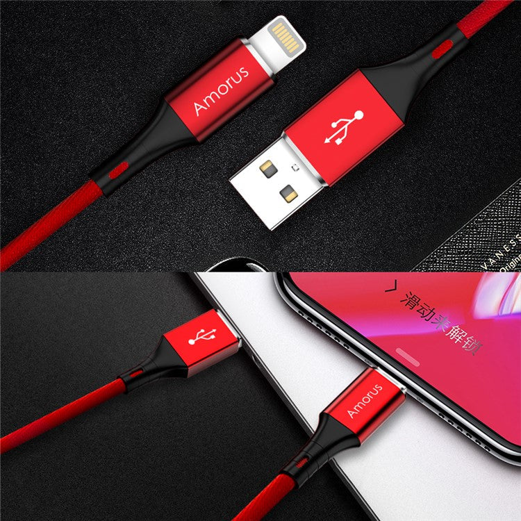 AMORUS 2.4A Aluminium Alloy Cotton Cloth Braided Lightning 8Pin Charge Sync Data Cable Cord for iPhone iPad iPod - Red
