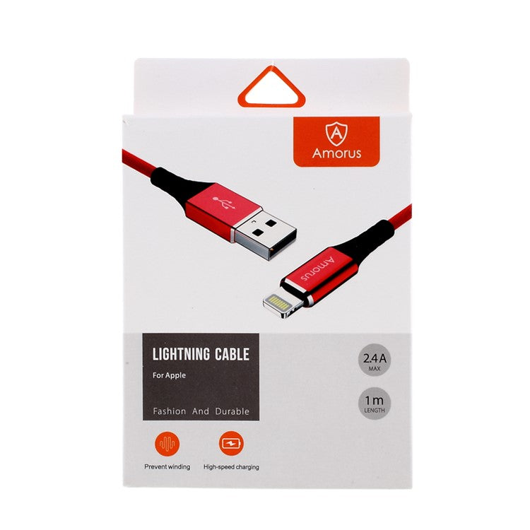 AMORUS 2.4A Aluminium Alloy Cotton Cloth Braided Lightning 8Pin Charge Sync Data Cable Cord for iPhone iPad iPod - Red
