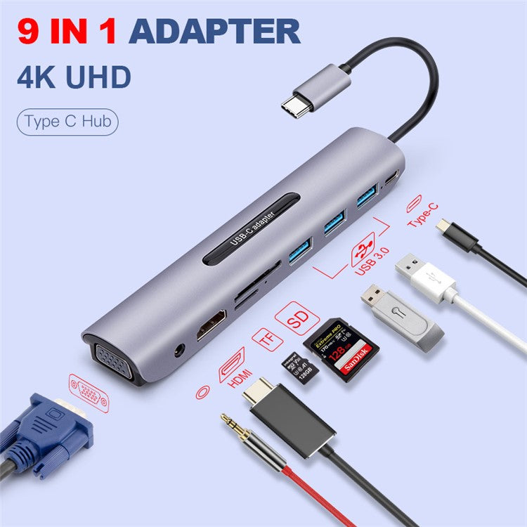 USB C Dock Station Thunderbolt 3 Type-C to HDMI VGA USB TF SD Card Reader with 3.5 AUX Audio Jack HD Video Converter Adapter for Macbook Pro - Silver