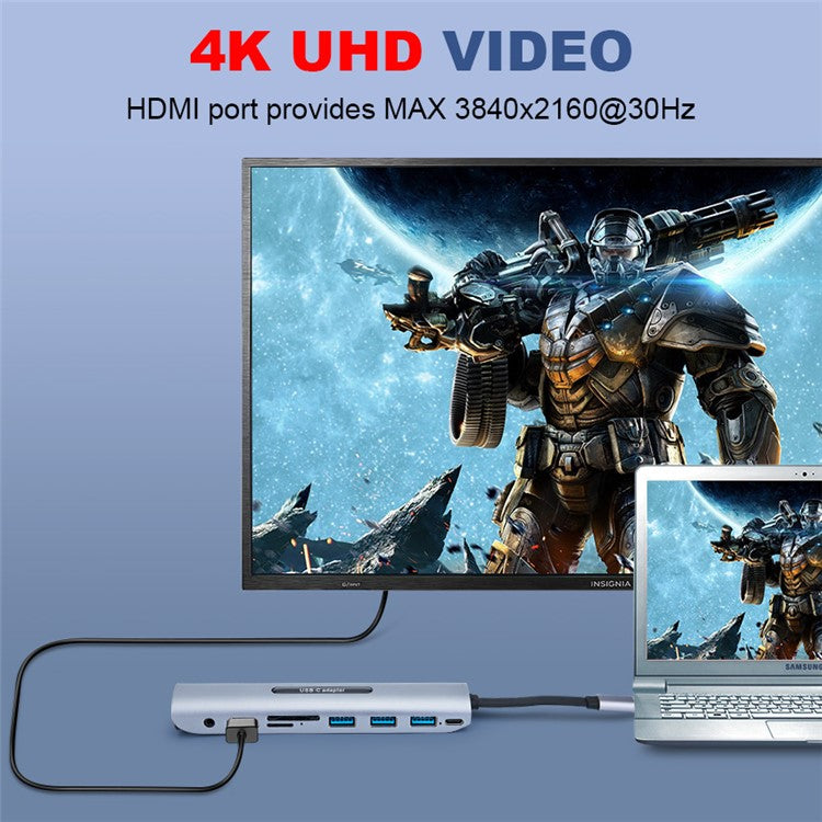 USB C Dock Station Thunderbolt 3 Type-C to HDMI VGA USB TF SD Card Reader with 3.5 AUX Audio Jack HD Video Converter Adapter for Macbook Pro - Silver