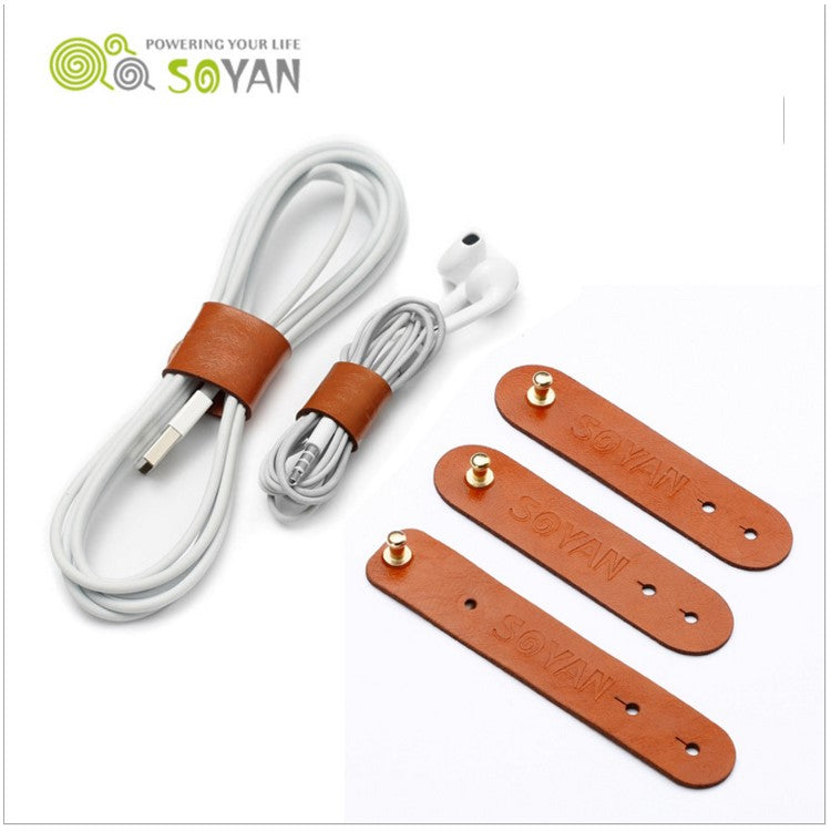 SOYAN 3PCS/Lot PU Leather Cable Cord Wire Earphone Bobbin Winder Organizer - Light Brown