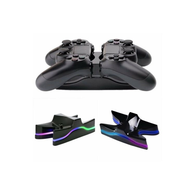 PS4 LED Light Controlled Dual Charger Station USB LED Charging Stand Dock - Black
