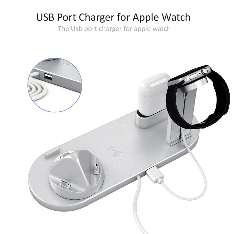 UD15 3 in 1 Rotatable Wireless Charging Dock Station for Apple iPhone/Android Device/Type-C Device - Silver