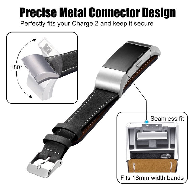 For Fitbit Charge 2 Genuine Leather Watch Band Replacement Wrist Strap Replacement - Black