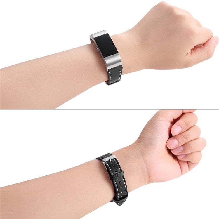 For Fitbit Charge 2 Genuine Leather Watch Band Replacement Wrist Strap Replacement - Black