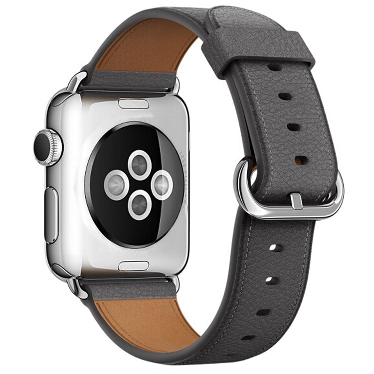 For Apple Watch Series 10 46mm / Ultra 2 Ultra 49mm / 9 8 7 45mm / SE (2023) SE (2022) SE 6 5 4 44mm / 3 2 1 42mm Litchi Texture Genuine Leather Watch Band Wrist Strap Replacement - Grey