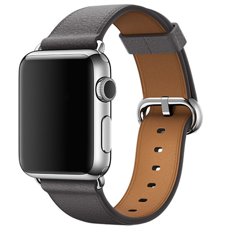 For Apple Watch Series 10 46mm / Ultra 2 Ultra 49mm / 9 8 7 45mm / SE (2023) SE (2022) SE 6 5 4 44mm / 3 2 1 42mm Litchi Texture Genuine Leather Watch Band Wrist Strap Replacement - Grey