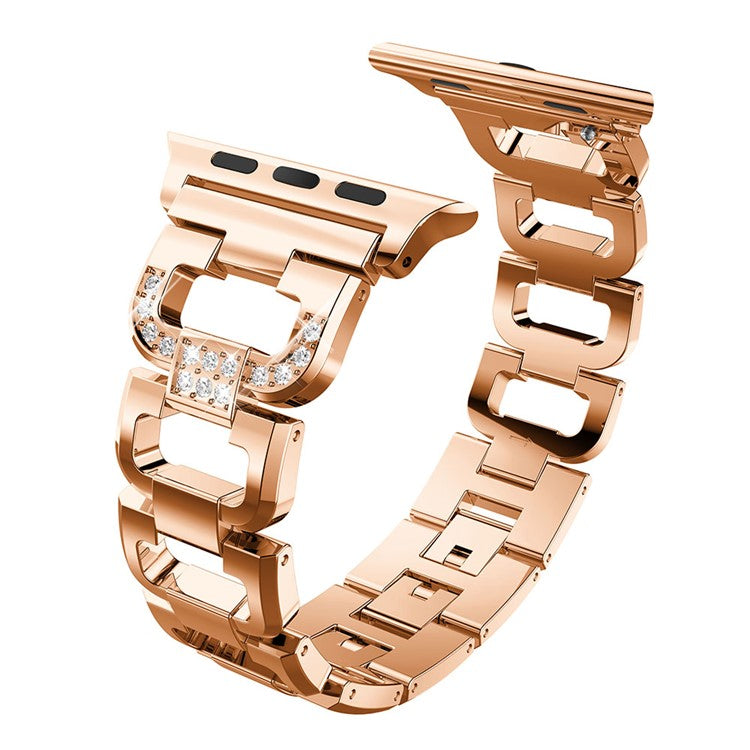 For Apple Watch Series 10 46mm / Ultra 2 Ultra 49mm / 9 8 7 45mm / SE (2023) SE (2022) SE 6 5 4 44mm / 3 2 1 42mm Rhinestone Decor Watch Strap D Shaped Stainless Steel Watch Band - Rose Gold
