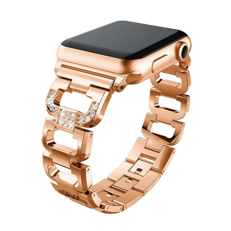 For Apple Watch Series 10 46mm / Ultra 2 Ultra 49mm / 9 8 7 45mm / SE (2023) SE (2022) SE 6 5 4 44mm / 3 2 1 42mm Rhinestone Decor Watch Strap D Shaped Stainless Steel Watch Band - Rose Gold