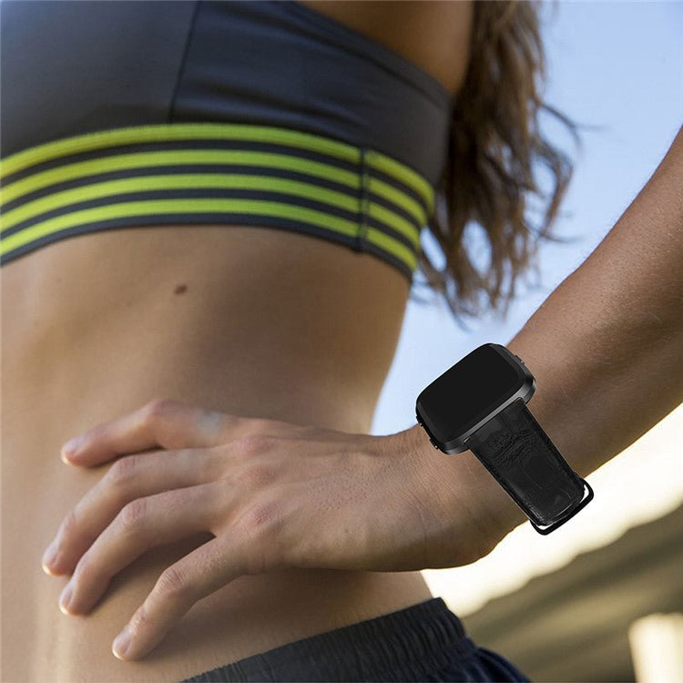 22mm Crocodile Texture Genuine Leather Watch Band for Fitbit Versa - Black