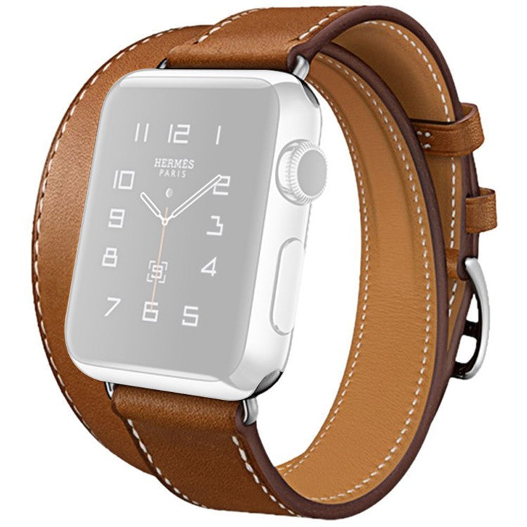 Hermes Style 4-piece Double Tour Genuine Leather Watchband Strap for Apple Watch Series 10 46mm / Ultra 2 Ultra 49mm / 9 8 7 45mm / SE (2023) SE (2022) SE 6 5 4 44mm / 3 2 1 42mm - Brown