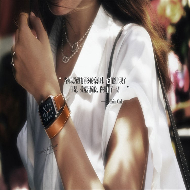 Hermes Style 4-piece Double Tour Genuine Leather Watchband Strap for Apple Watch Series 10 46mm / Ultra 2 Ultra 49mm / 9 8 7 45mm / SE (2023) SE (2022) SE 6 5 4 44mm / 3 2 1 42mm - Brown