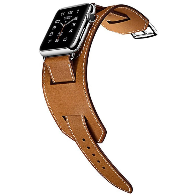 Hermes Style 4-piece Double Tour Genuine Leather Watchband Strap for Apple Watch Series 10 46mm / Ultra 2 Ultra 49mm / 9 8 7 45mm / SE (2023) SE (2022) SE 6 5 4 44mm / 3 2 1 42mm - Brown
