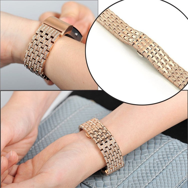 Shiny Rhinestone Decor Metal Watch Band Replacement with Butterfly Buckle for Fitbit Charge 2 - Rose Gold