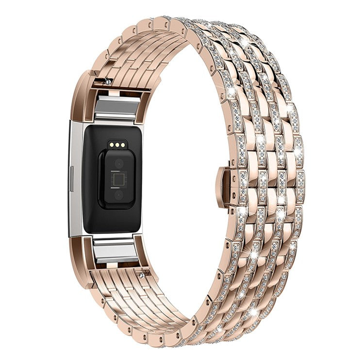 Shiny Rhinestone Decor Metal Watch Band Replacement with Butterfly Buckle for Fitbit Charge 2 - Rose Gold