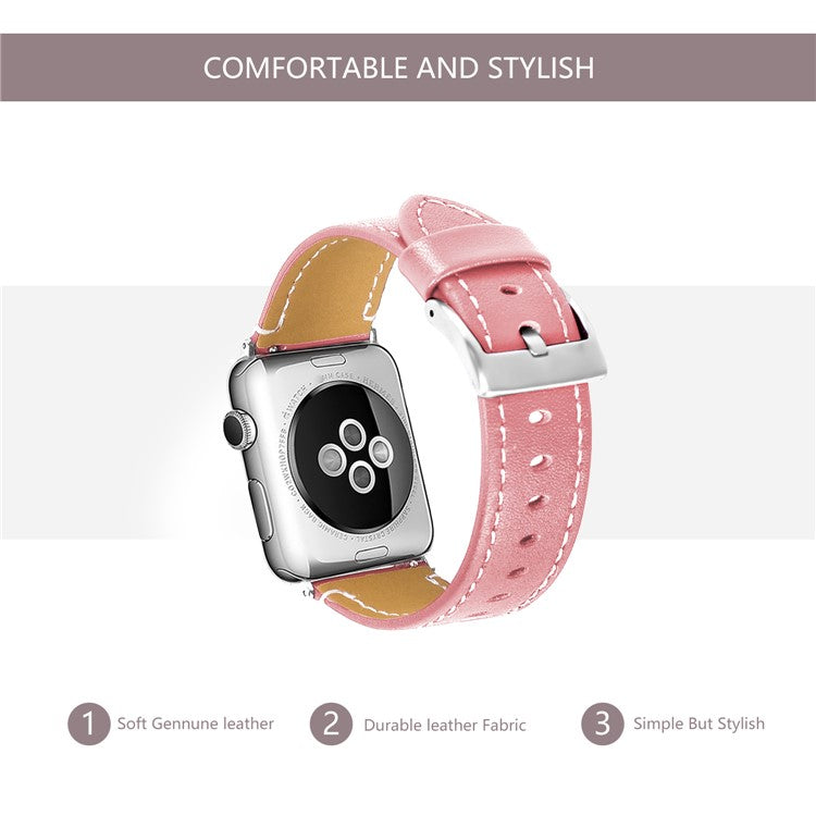 Genuine Leather Watch Wrist Bracelet for Apple Watch Series 10 46mm / Ultra 2 Ultra 49mm / 9 8 7 45mm / SE (2023) SE (2022) SE 6 5 4 44mm / 3 2 1 42mm - Pink