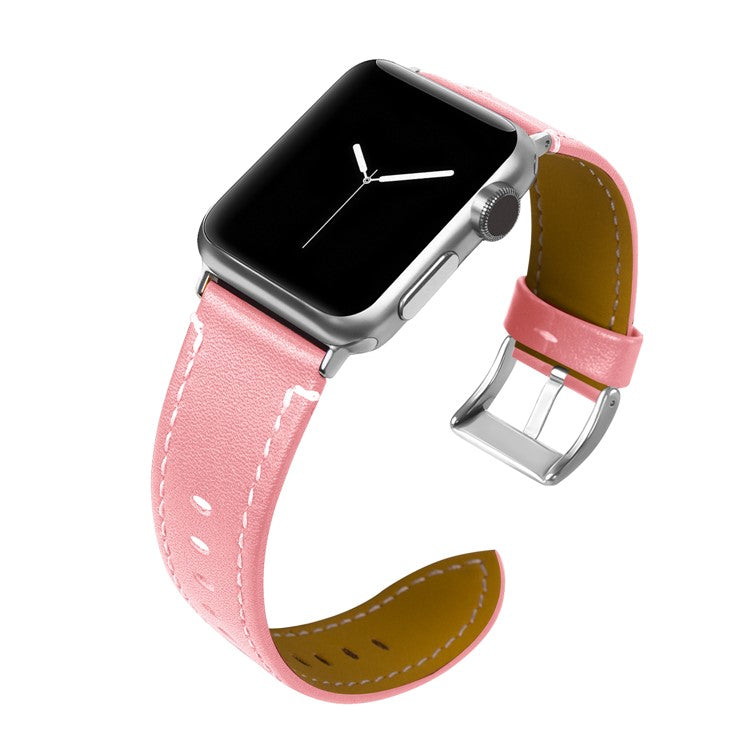 Genuine Leather Watch Wrist Bracelet for Apple Watch Series 10 46mm / Ultra 2 Ultra 49mm / 9 8 7 45mm / SE (2023) SE (2022) SE 6 5 4 44mm / 3 2 1 42mm - Pink