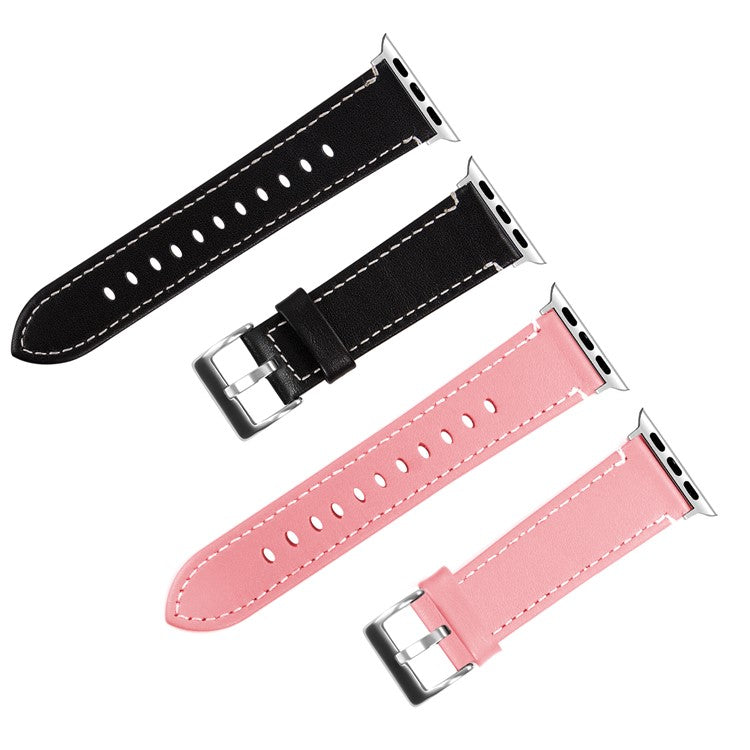 Genuine Leather Watch Wrist Bracelet for Apple Watch Series 10 46mm / Ultra 2 Ultra 49mm / 9 8 7 45mm / SE (2023) SE (2022) SE 6 5 4 44mm / 3 2 1 42mm - Pink