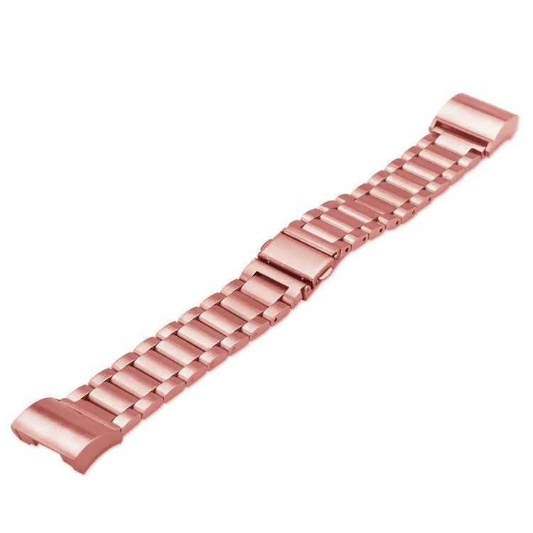 Solid Stainless Steel 3 Beads Smart Watch Band Butterfly Buckle Wrist Strap for Fitbit Charge 3 - Rose Gold