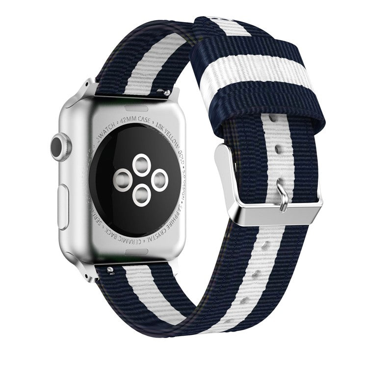 Metal Buckle Woven Nylon Watch Band Replacement for Apple Watch Series 10 42mm / 9 8 7 41mm / SE (2023) SE (2022) SE 6 5 4 40mm / 3 2 1 38mm - Blue / White