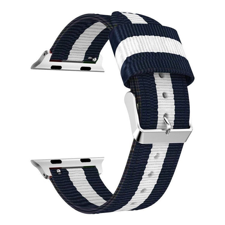 Metal Buckle Woven Nylon Watch Band Replacement for Apple Watch Series 10 42mm / 9 8 7 41mm / SE (2023) SE (2022) SE 6 5 4 40mm / 3 2 1 38mm - Blue / White
