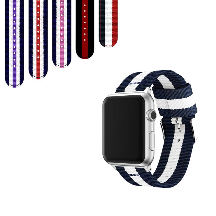 Metal Buckle Woven Nylon Watch Band Replacement for Apple Watch Series 10 42mm / 9 8 7 41mm / SE (2023) SE (2022) SE 6 5 4 40mm / 3 2 1 38mm - Blue / White