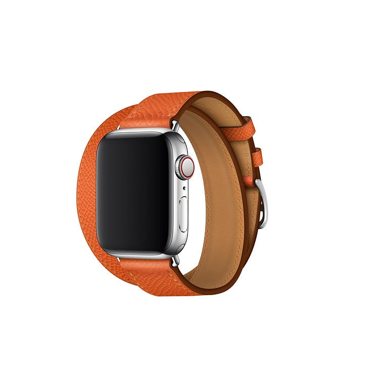 Double Tour Genuine Leather Watch Strap Replacement for Apple Watch Series 10 46mm / Ultra 2 Ultra 49mm / 9 8 7 45mm / SE (2023) SE (2022) SE 6 5 4 44mm / 3 2 1 42mm - Orange