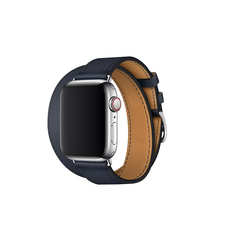Double Tour Contrast Color Genuine Leather Watch Band for Apple Watch Series 10 42mm / 9 8 7 41mm / SE (2023) SE (2022) SE 6 5 4 40mm / 3 2 1 38mm - Dark Blue