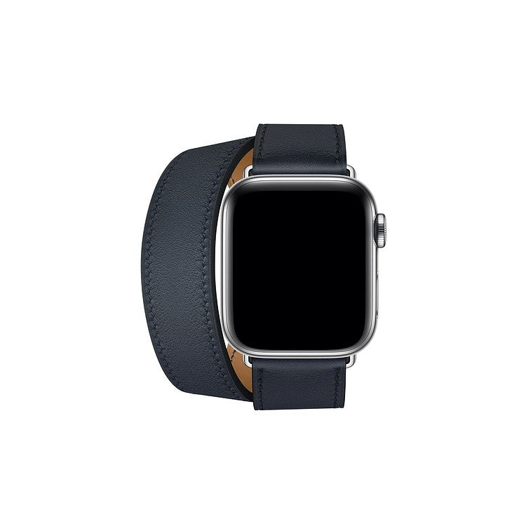 Double Tour Contrast Color Genuine Leather Watch Band for Apple Watch Series 10 42mm / 9 8 7 41mm / SE (2023) SE (2022) SE 6 5 4 40mm / 3 2 1 38mm - Dark Blue