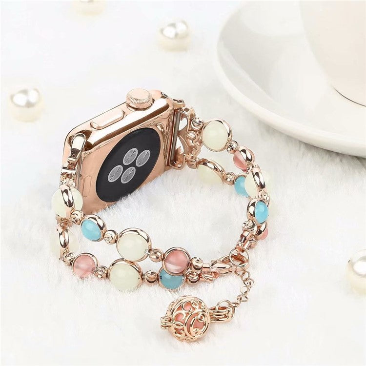 Luminous Night Pearl Bracelet Wrist Band Strap for Apple Watch Series 10 46mm / Ultra 2 Ultra 49mm / 9 8 7 45mm / SE (2023) SE (2022) SE 6 5 4 44mm / 3 2 1 42mm - Rose Gold