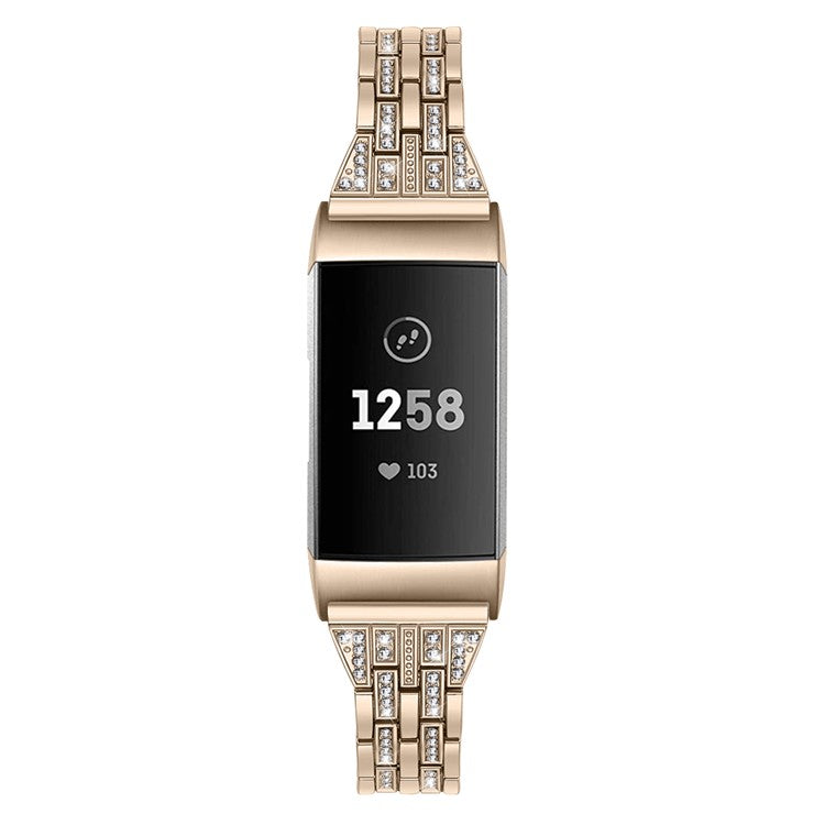 Dual Rows Rhinestone Decor Stainless Steel Watch Band for Fitbit Charge 4 / 3 - Gold