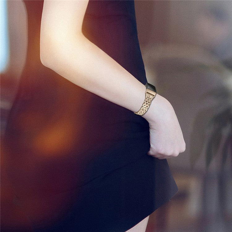 Dual Rows Rhinestone Decor Stainless Steel Watch Band for Fitbit Charge 4 / 3 - Gold