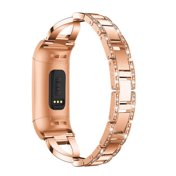 For Fitbit Charge 4/3 X-shape Rhinestone Decor Aluminum Alloy Watch Band Strap Replacement - Rose Gold