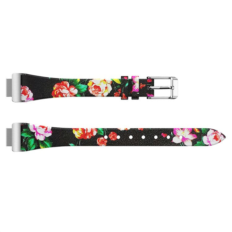 Flower Pattern Single Tour Genuine Leather Watch Strap for Fitbit Inspire / Inspire HR - Black Red Rose
