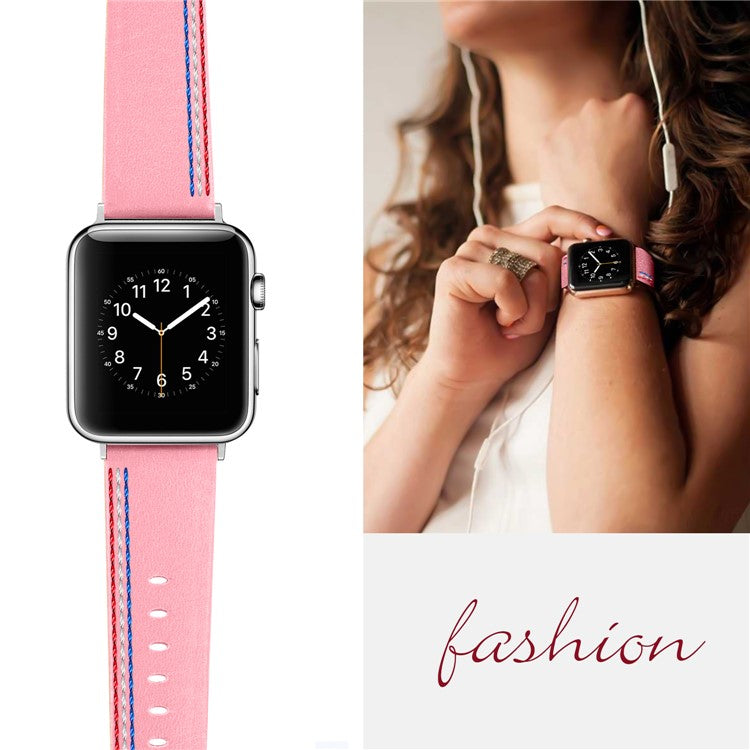 Genuine Leather Single Tour Watch Band for Apple Watch Series 10 46mm / Ultra 2 Ultra 49mm / 9 8 7 45mm / SE (2023) SE (2022) SE 6 5 4 44mm / 3 2 1 42mm - Pink