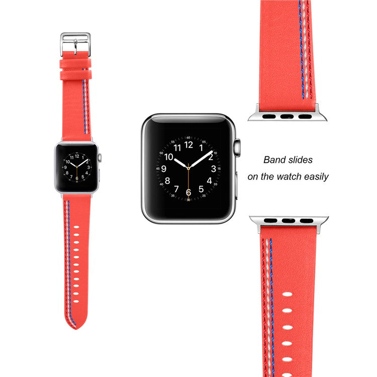 Genuine Leather Single Tour Watch Band for Apple Watch Series 10 46mm / Ultra 2 Ultra 49mm / 9 8 7 45mm / SE (2023) SE (2022) SE 6 5 4 44mm / 3 2 1 42mm - Coral