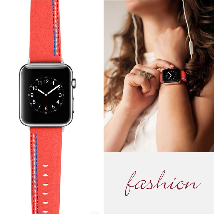Genuine Leather Single Tour Watch Band for Apple Watch Series 10 46mm / Ultra 2 Ultra 49mm / 9 8 7 45mm / SE (2023) SE (2022) SE 6 5 4 44mm / 3 2 1 42mm - Coral