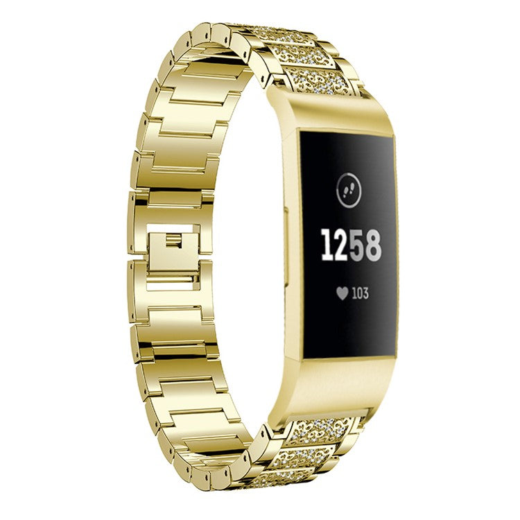 Solid Stainless Steel with Diamond Watch Band for Fitbit Charge 4 / 3 - Gold