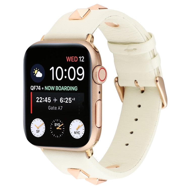 Genuine Leather Watch Strap Smart Watch Band with Rose Gold Fastener for Apple Watch Series 10 42mm / 9 8 7 41mm / SE (2023) SE (2022) SE 6 5 4 40mm / 3 2 1 38mm - Beige