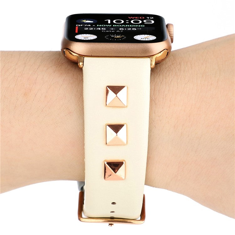 Genuine Leather Watch Strap Smart Watch Band with Rose Gold Fastener for Apple Watch Series 10 42mm / 9 8 7 41mm / SE (2023) SE (2022) SE 6 5 4 40mm / 3 2 1 38mm - Beige